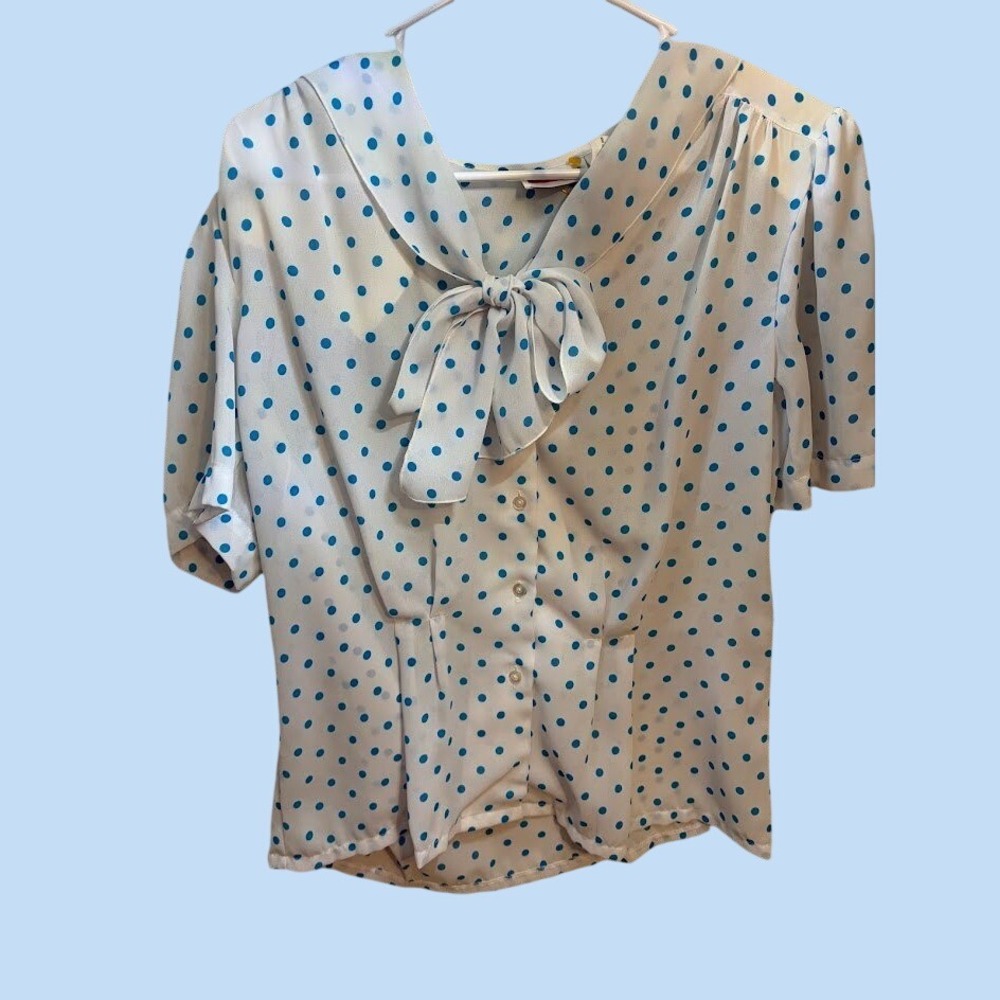 Judy Bond Vintage Polka Dot‎ Sailor Collar Bow Blouse White Blue Size 14